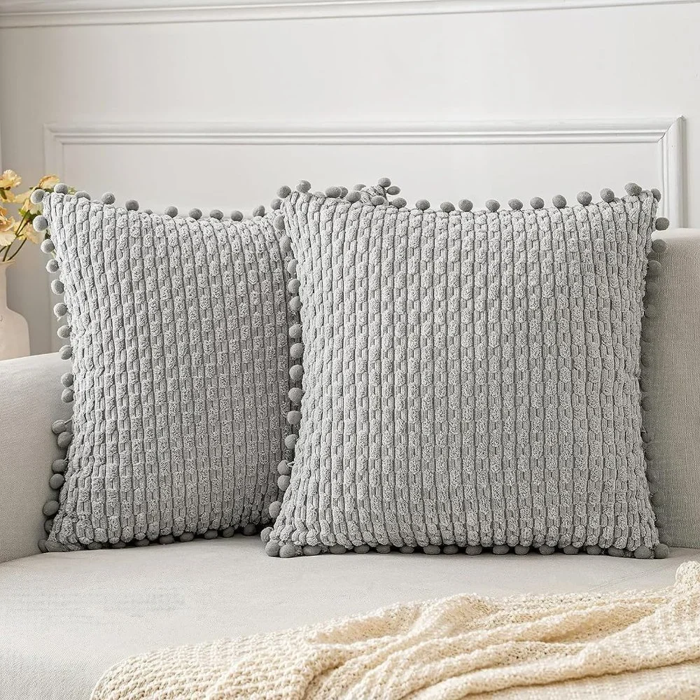 Pompom Grey Stripe Texture Corduroy Farmhouse Cute Luxury Soft Pillow Cover Set